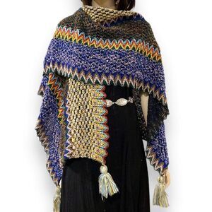 Multicolor Cashmere Knit Tassel Trim Poncho Wrap - NWT